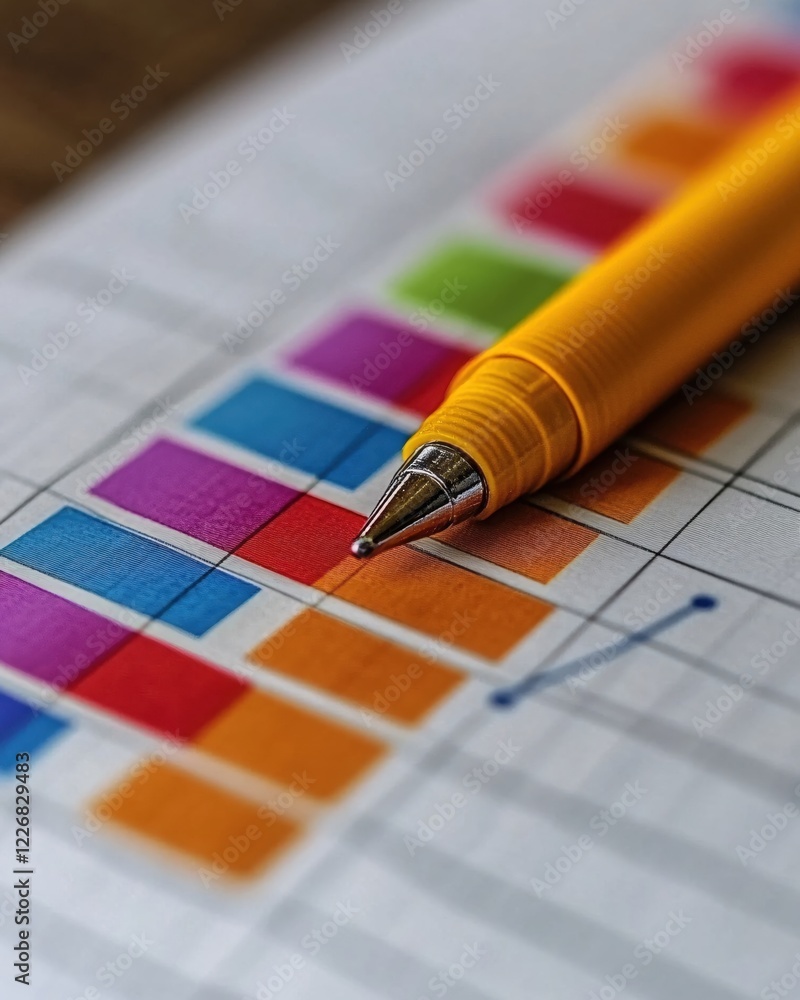 Poster yellow pen on a colorful bar graph showing data analysis and business progress concept