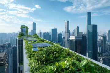 Obraz premium Modern Urban Cityscape Featuring Innovative Renewable Strategies Such as Green Roofs for Sustainable Living