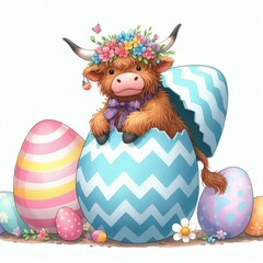 Obraz premium Cute cow with floral crown in colorful egg.