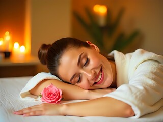 Woman smiling on bed, holding rose, candles nearby