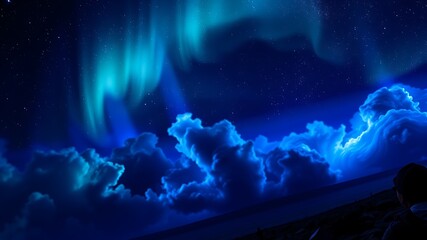 Obraz premium A breathtaking view of the aurora borealis illuminating a dramatic night sky filled with fluffy clouds, as seen from a coastal vantage point.