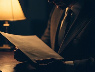 A man in a suit reads a document under soft lamp light, creating a calm and focused atmosphere.