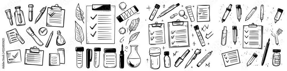 Poster collection of laboratory tools and notes with checklists on a work surface for scientific experiment