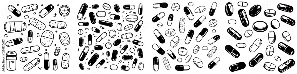 Poster collection of various pill shapes and types displayed in a chaotic arrangement on a white background