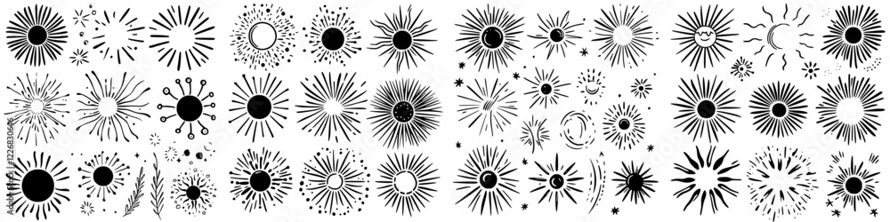 Poster patterns of celestial figures featuring suns and moons in various styles and sizes on a monochromati