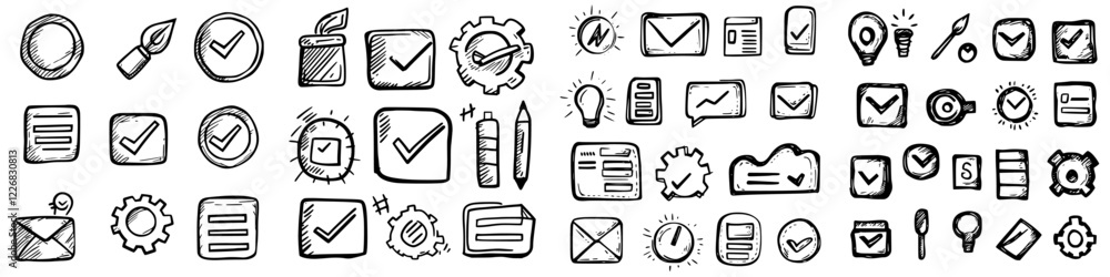 Poster creative hand-drawn icons for digital tasks and project management in a minimalist style suitable fo