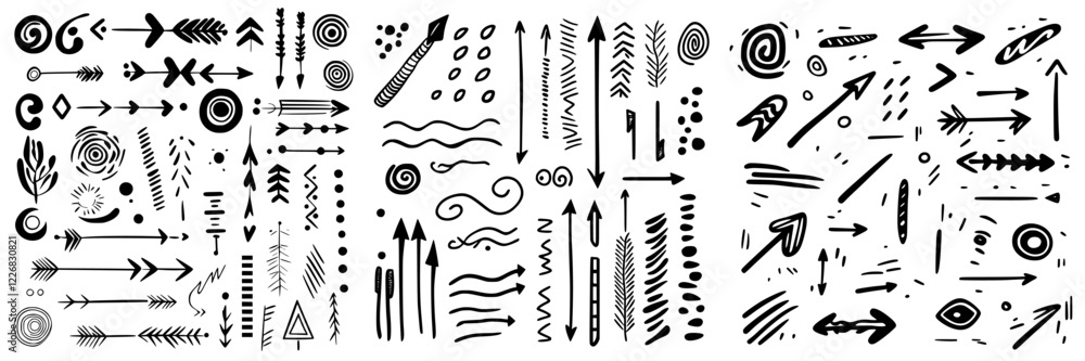 Poster design elements featuring various arrows and swirls in black and white for creative projects