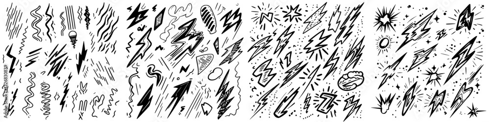 Poster Abstract collection of hand-drawn lightning shapes and patterns across multiple sections showcasing creative energy and expression flows