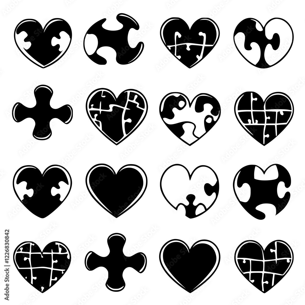 Poster unique puzzle heart designs displayed in a seamless grid pattern showcasing creativity and individua