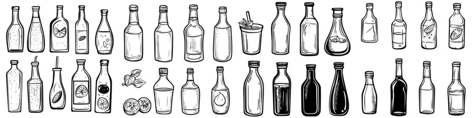Variety of beverage bottles displayed in an artistic arrangement with intricate designs and diverse shapes