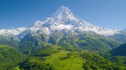 Fototapeta premium Majestic snow-capped peak, green valley, sunny day, aerial view; travel brochure