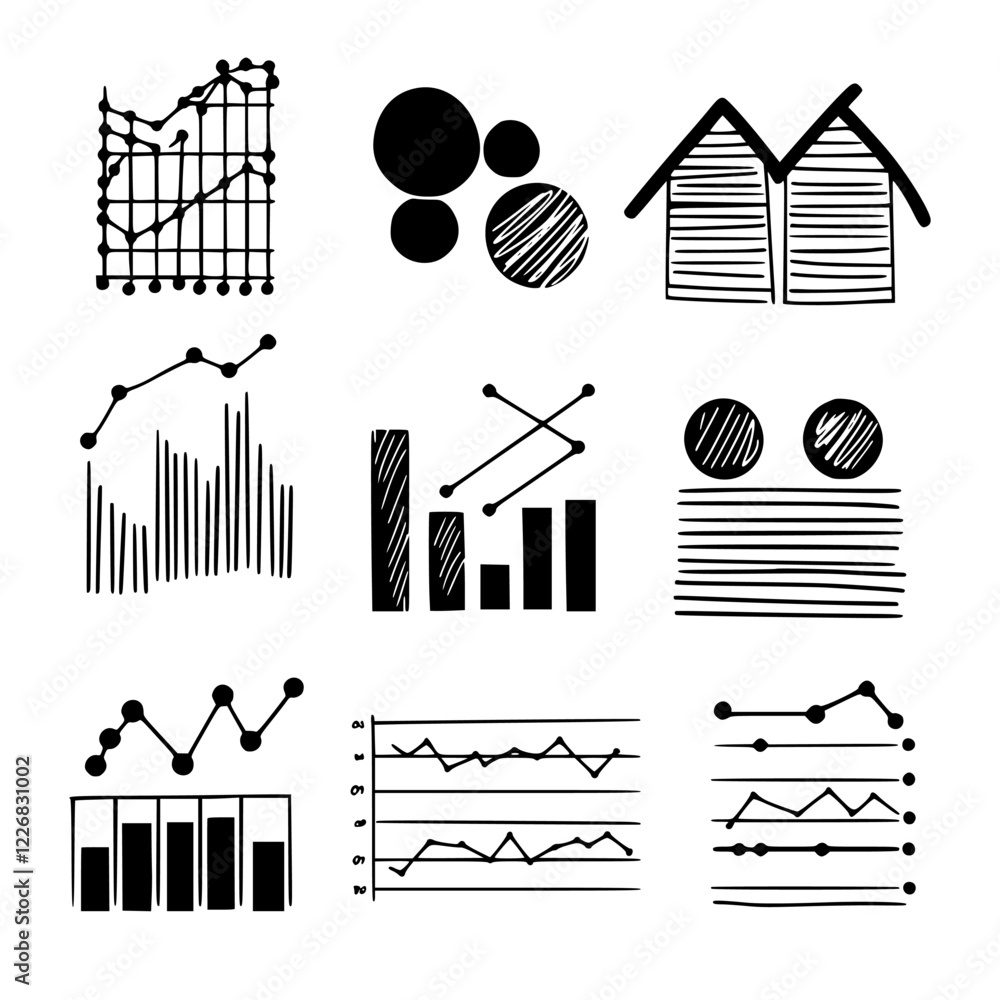 Poster creative hand-drawn graphs and charts representing data visualization concepts for presentations and