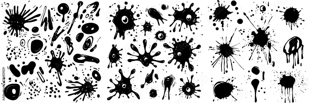 Poster black ink splatters and shapes create dynamic abstract designs suitable for art projects and backgro