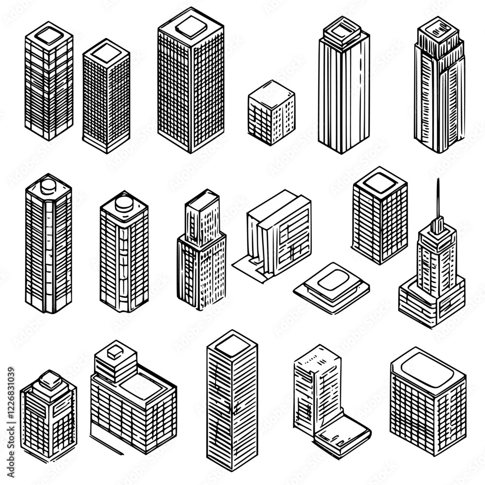 Poster collection of various building designs represented in a simple black and white style showcasing urba
