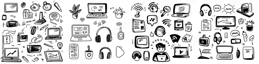 Poster creative workspace sketch featuring gadgets and tools for productivity and communication in a modern