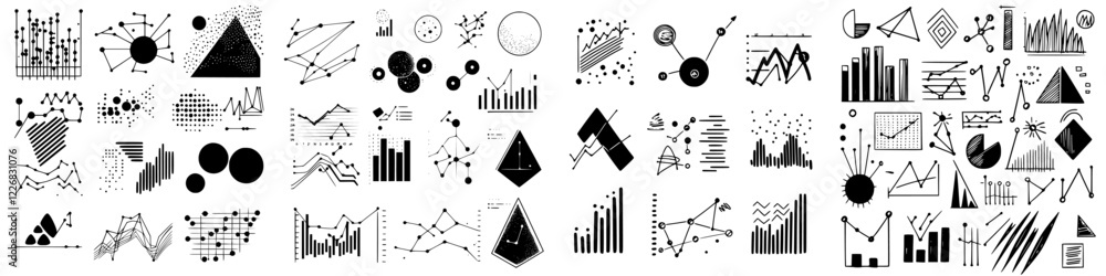 Poster visual representation of data with various geometric patterns, graphs, and analytical designs in bla