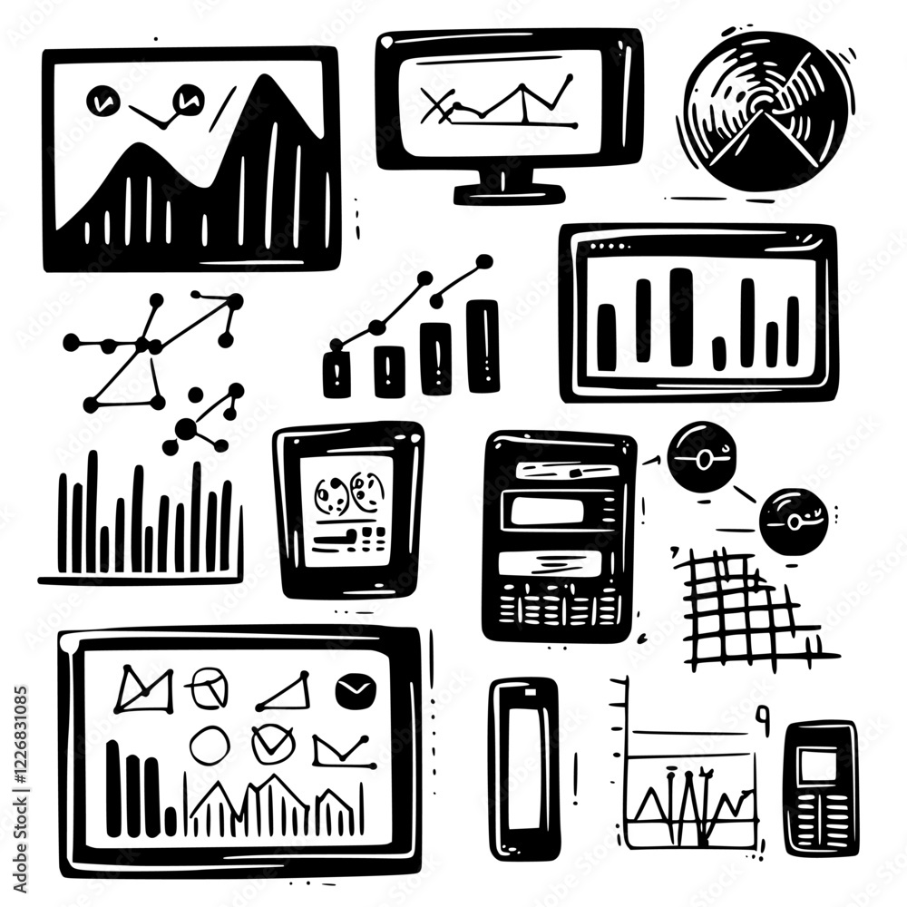 Poster data visualization elements showcase analytics tools and trends in a modern workspace, emphasizing d