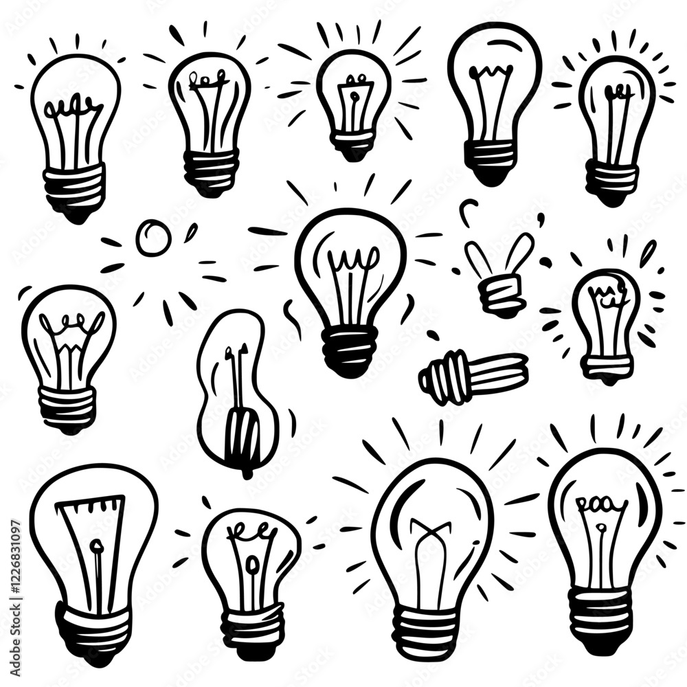 Poster collection of various light bulb sketches with different designs and styles arranged creatively on a