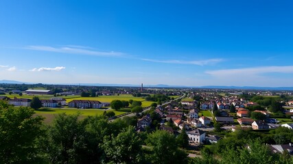 Obraz premium Panoramic view of a picturesque suburban town on a sunny day with lush green fields and distant mountains.