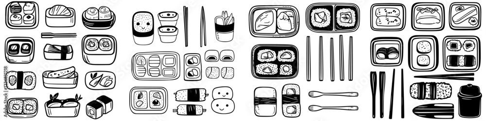 Poster various types of sushi and bento boxes arranged neatly on a table in a monochrome design