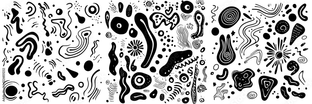 Poster abstract black and white patterns display dynamic shapes and movements on a seamless background in m