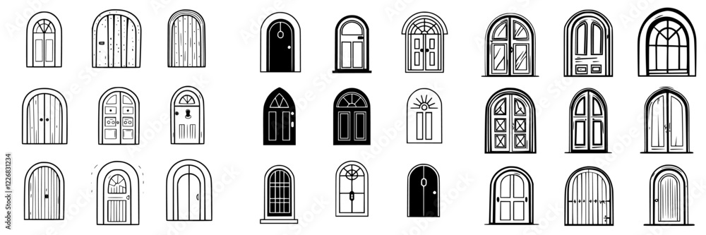 Poster various styles of arched doors displayed against a simple background showcasing unique designs and d
