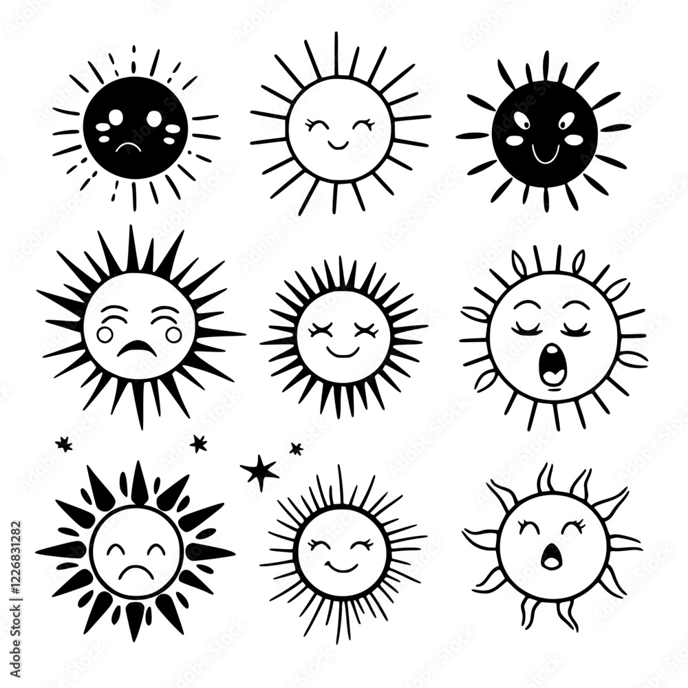 Poster nine distinct sun illustrations displaying various emotions and expressions in a playful style suita