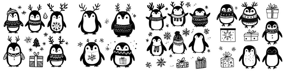 Cute penguins celebrating winter festivities with gifts, snowflakes, and seasonal decorations in a playful black-and-white design