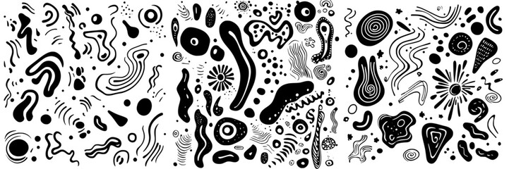 Abstract black and white patterns display dynamic shapes and movements on a seamless background in modern design
