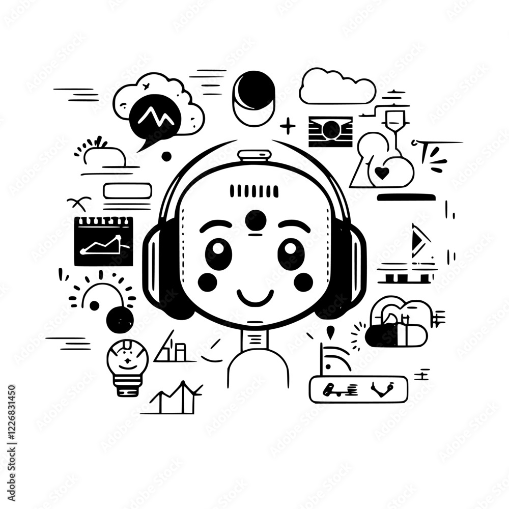 Poster a cheerful character with headphones is surrounded by symbols representing technology and data analy