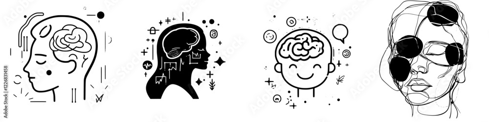 Poster illustrations of brain concepts and emotional expressions showcasing the complexity of human thought