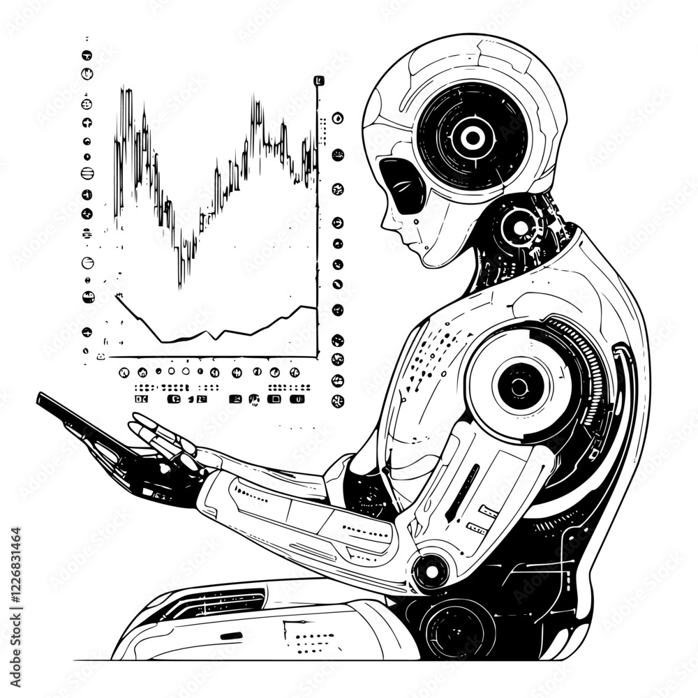 Poster robot analyzing data trends in a futuristic workspace during a tech-focused gathering in a modern se