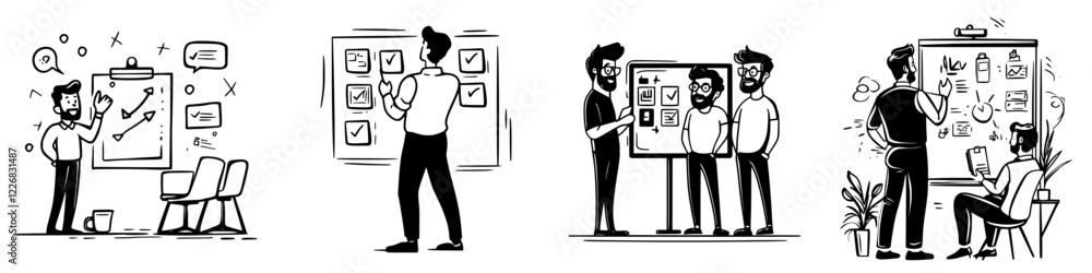 Poster professional team brainstorming and planning session in an office setting with charts and markers