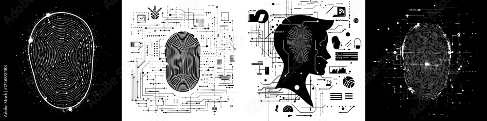 Poster exploration of biometric technology through fingerprint and facial recognition patterns in a digital