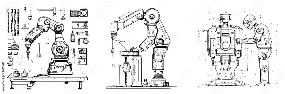 Poster robotic arms in industrial design showcasing various configurations and applications in a workshop s