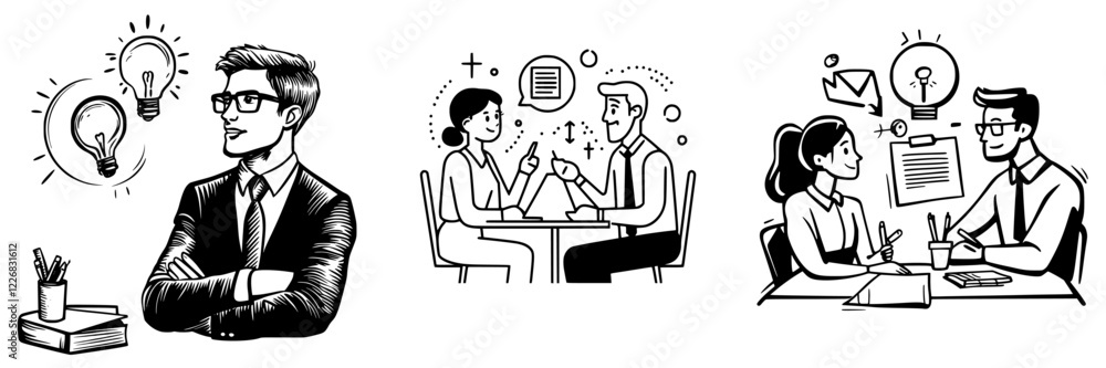 Poster collaborative brainstorming session among professionals showing ideas and interaction in a modern wo