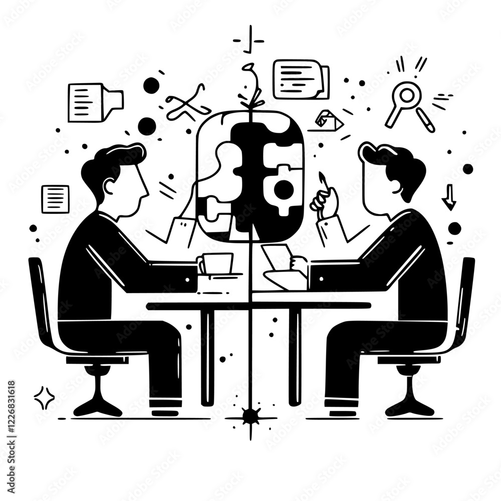 Poster two individuals engaged in a collaborative brainstorming session on problem-solving strategies in an