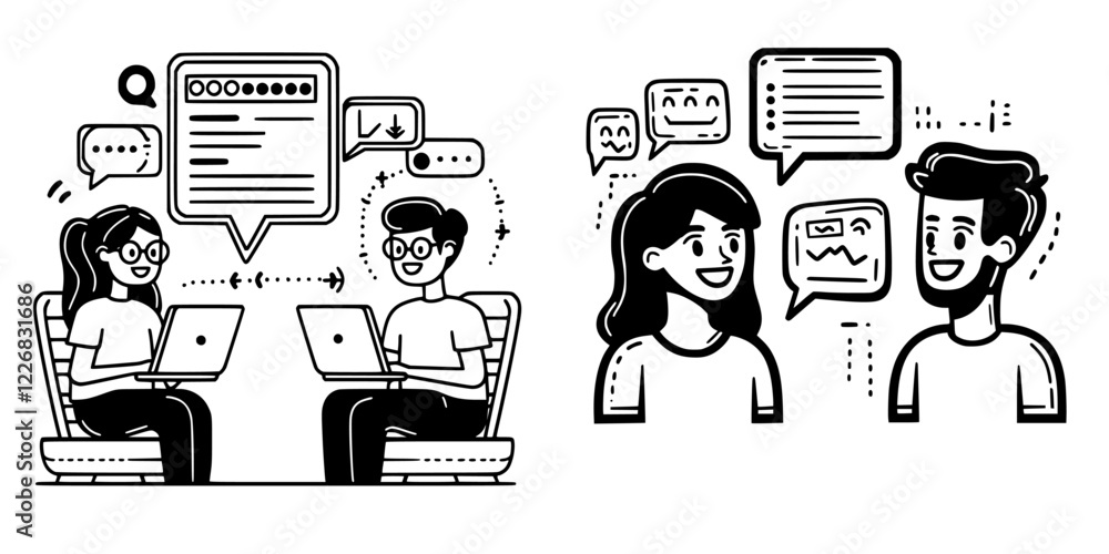 Poster engaging conversation between two individuals while utilizing laptops for collaboration at a modern 