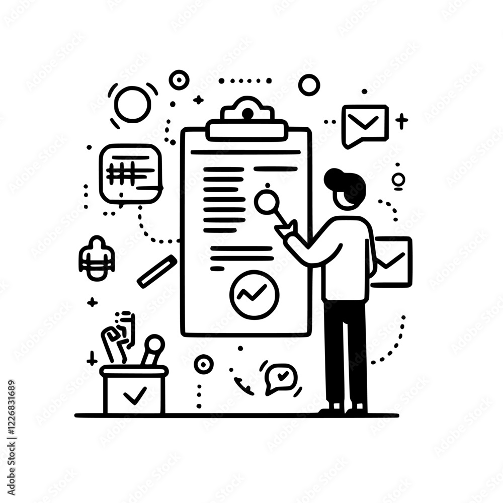 Poster person analyzing data and making decisions in a modern workspace with digital elements and creative 