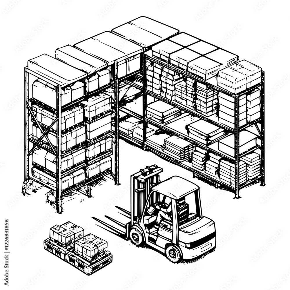 Poster warehouse setting with a forklift transporting packages in a busy storage area during daylight hours