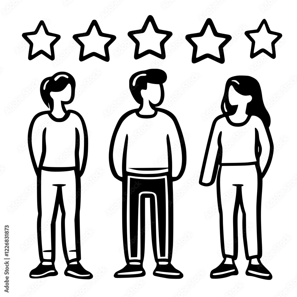 Poster group of three individuals evaluating a service or product with a rating system of five stars in a m