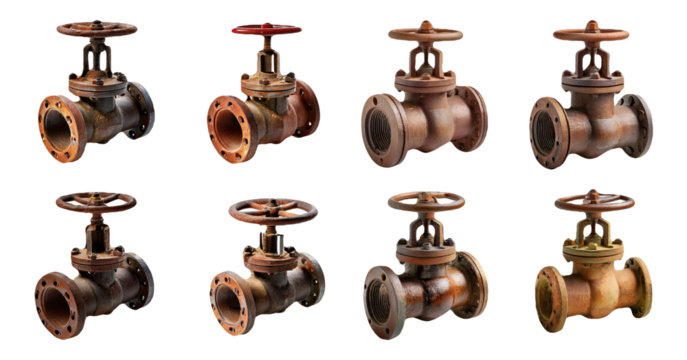 Industrial rusty valve wheels in various positions isolated on transparent background