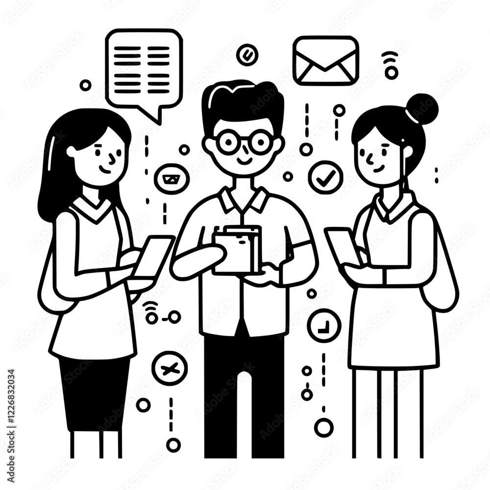Poster group of professionals collaborating and discussing digital communication at a modern workspace