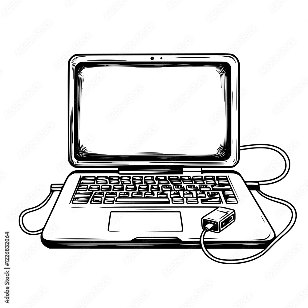 Poster laptop with usb connection on desk ready for work or study session in a modern workspace setting