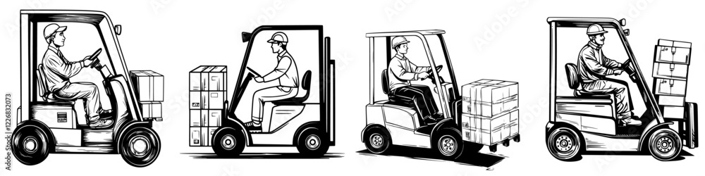 Poster different types of forklifts operating in a warehouse environment during a busy workday