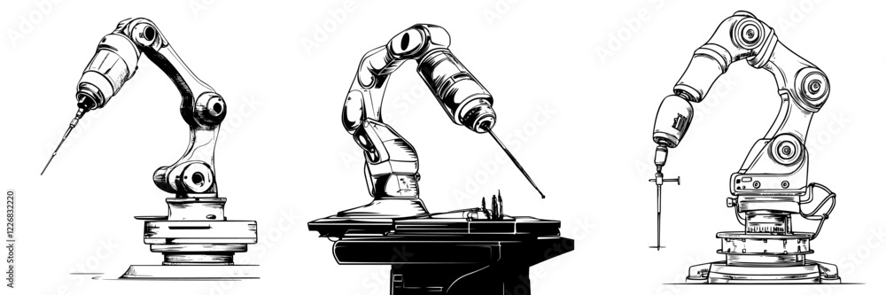 Poster robotic arms performing various tasks in a manufacturing setting during daytime