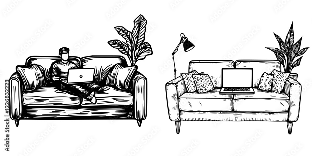 Poster living room design concepts with two sofas showcasing different styles and uses for technology