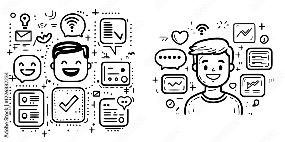 Poster creative illustration representing communication and technology with smiling characters in a digital