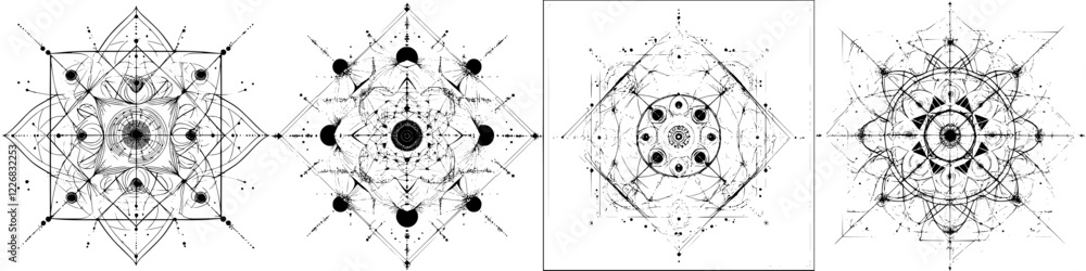 Poster geometric black and white patterns display intricate designs and symmetry in abstract art form