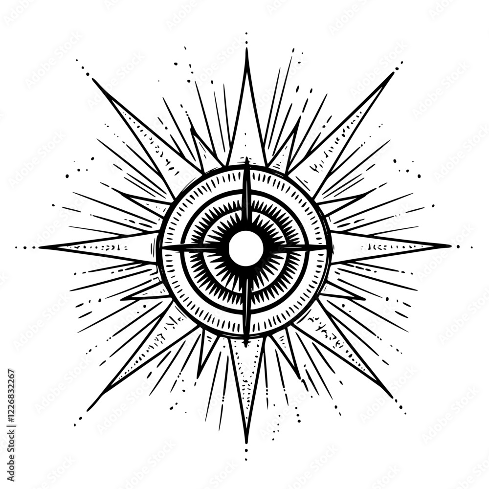 Poster intricate compass design with radiating lines and geometric patterns reflecting a vintage artistic s